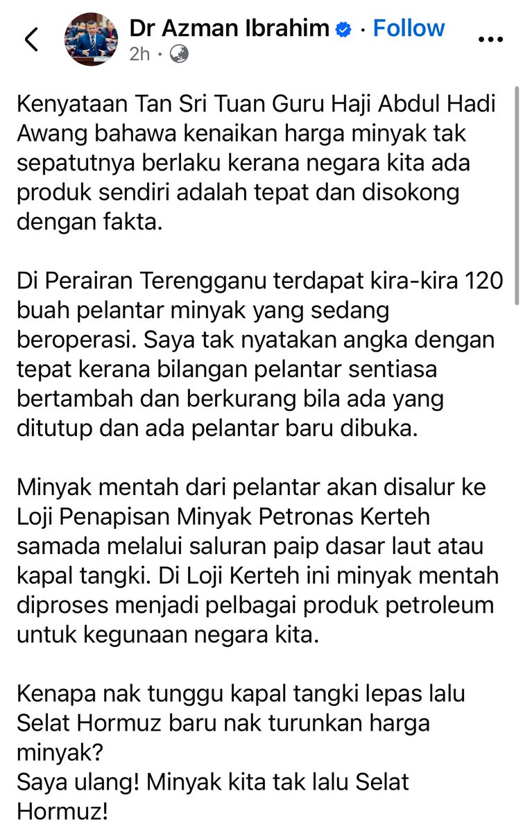 Demi mempertahankan kenyataan sesat Hadi Awang, Exco Terengganu ini sanggup menipu.

👀 Minyak Malaysia tak lalu Selat Hormuz?
👀 Pelantar minyak di Terengganu hasilkan petrol dan diesel untuk kenderaan domestik?

Ada gelaran Dr, kamu tak sepatutnya asuh rakyat jadi bodoh.