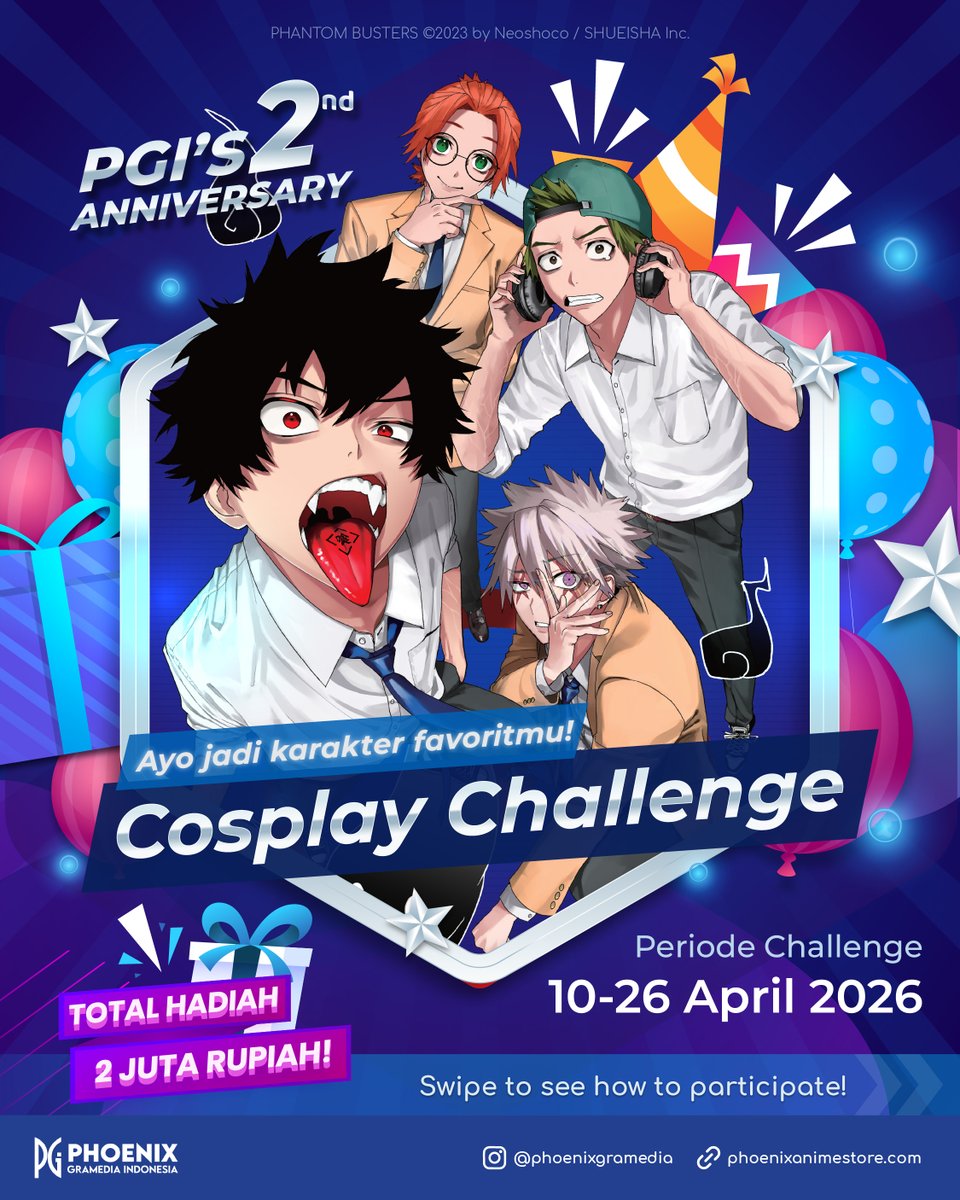 phoenixgramedia's tweet photo. [PGI COSPLAY CHALLENGE] ROAD TO PGI’S 2ND ANNIVERSARY! 🥳

Panggilan untuk kamu yang ingin jadi anime! PGI mengadakan Cosplay Challenge karakter dari komik, light novel, atau novel PGI favoritmu. Menangkan hadiah menarik yang pastinya sayang untuk dilewatkan!

Catat info pentingnya! 📝
📅 10-26 April 2026
🔗 https://t.co/I0CjxozANB 

#phoenixgramediaindonesia #pgi2ndanniversary #pgichallenge #cosplay #challenge