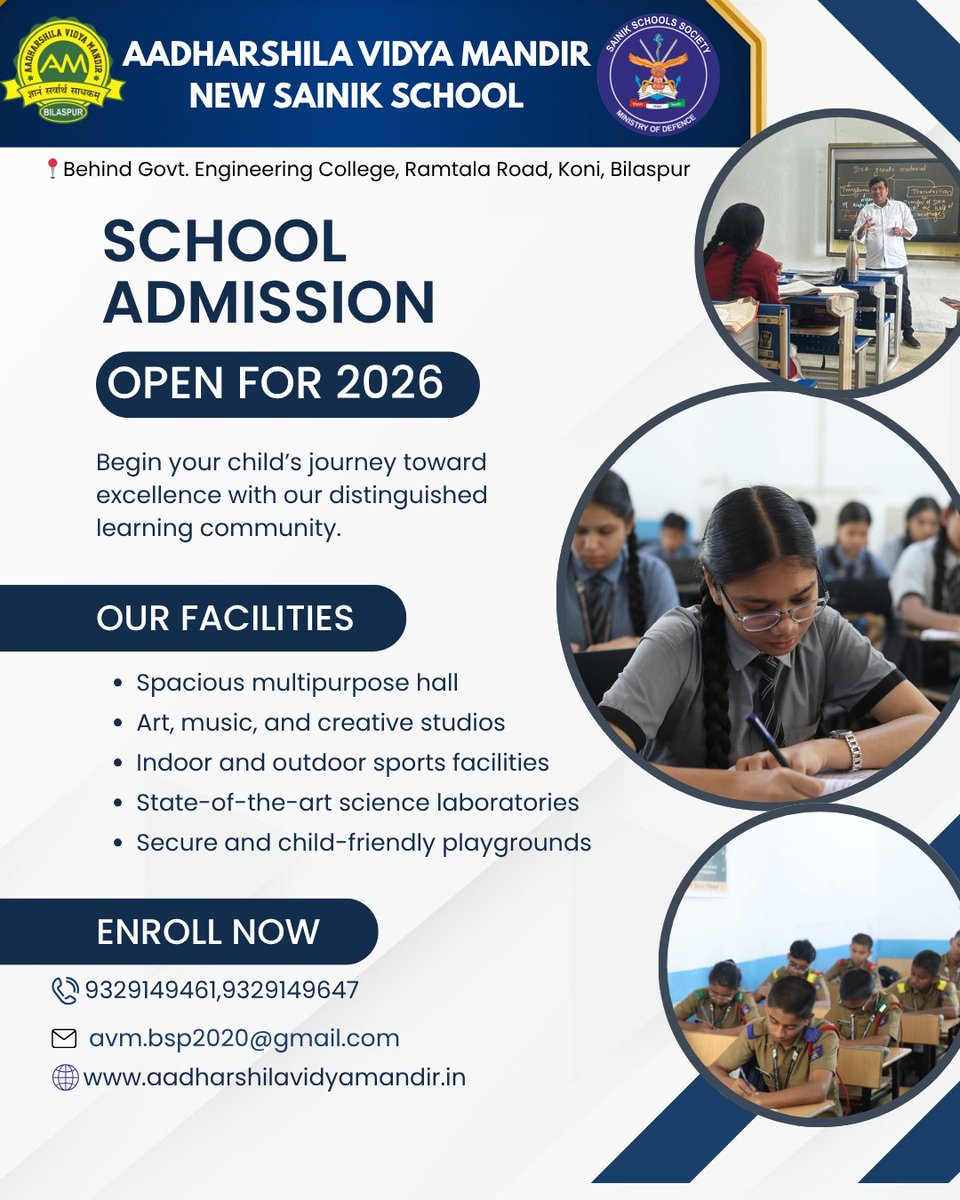 Nssavmbsp's tweet photo. 🎓 Admissions Open 2026-27! 
Join Aadharshila Vidya Mandir New Sainik School, Koni, Bilaspur.
 SIP Program, Hostel, Library &amp; more. Secure your child's future today! 
📞 9329149641 
#AdmissionsOpen #SainikSchoolBilaspur https://t.co/yGZPFP1Qd0