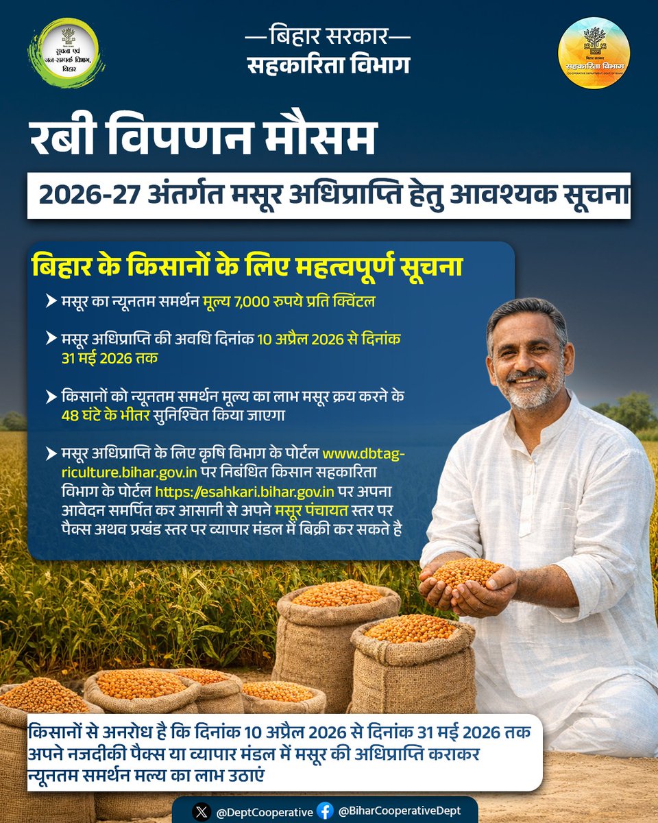 DeptCooperative's tweet image. रबी विपणन मौसम 2026-27 अंतर्गत मसूर अधिप्राप्ति हेतु आवश्यक सूचना।

@MLCBJPPramod
@MinOfCooperatn
@DSinghIAS
@RCS_Bihar
#bihar
#MSP
#किसान_सशक्तिकरण
#मसूर
@IPRDBihar
