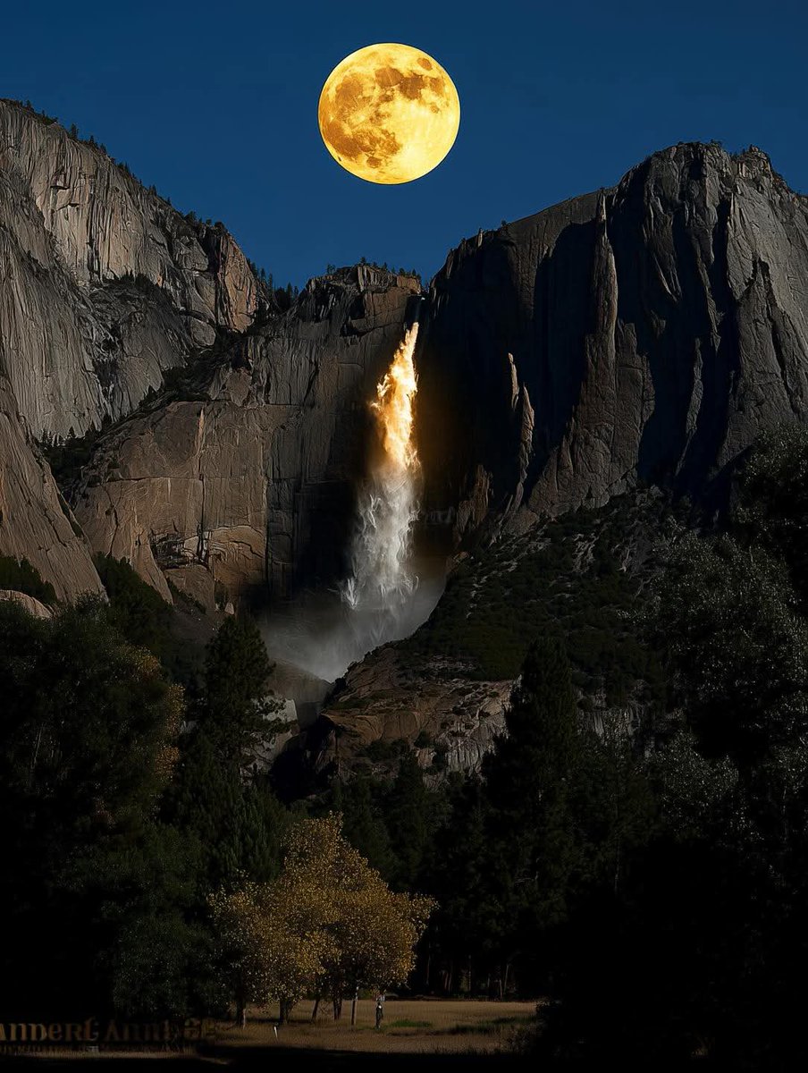 Globe32048's tweet image. When the waterfall glows like molten gold under a full moon 🌕 Yosemite National Park, USA 🇺🇸