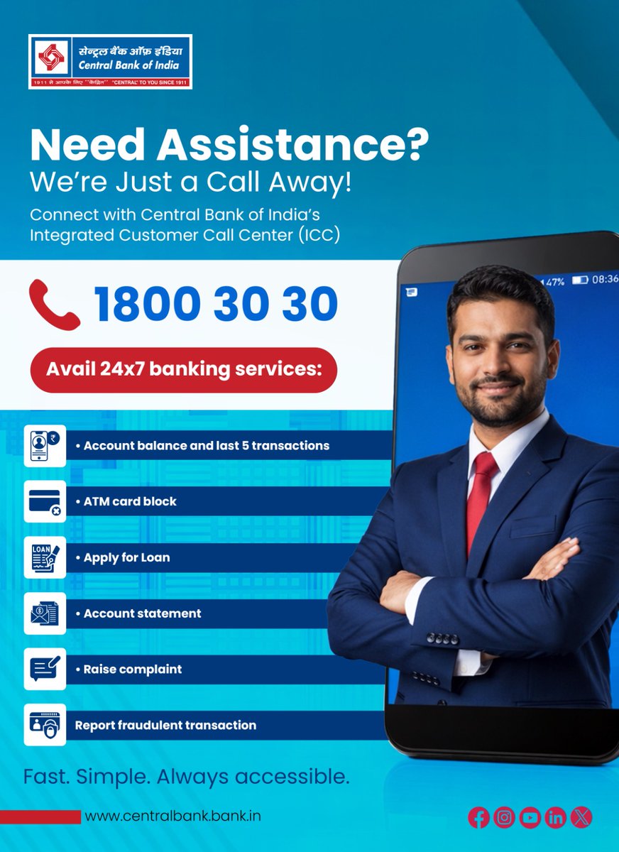 centralbank_in's tweet image. Bank anytime with Central Bank of India. Call 1800 30 30 for instant support on balance, card services, cheque status &amp;amp; more. Visit: centralbank.bank.in/en
#CustomerCare #24x7Banking #BankingSupport #CentralBankOfIndia #CentralToYouSince1911