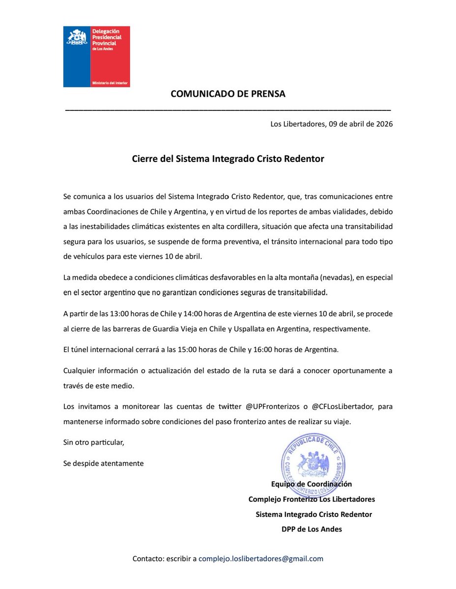 CFLosLibertador's tweet photo. [INFORMACIÓN] ⚠️🏔️

Se informa el cierre  del Complejo Fronterizo Los Libertadores, debido al ingreso de un frente climatico https://t.co/IGCNgwR0OD