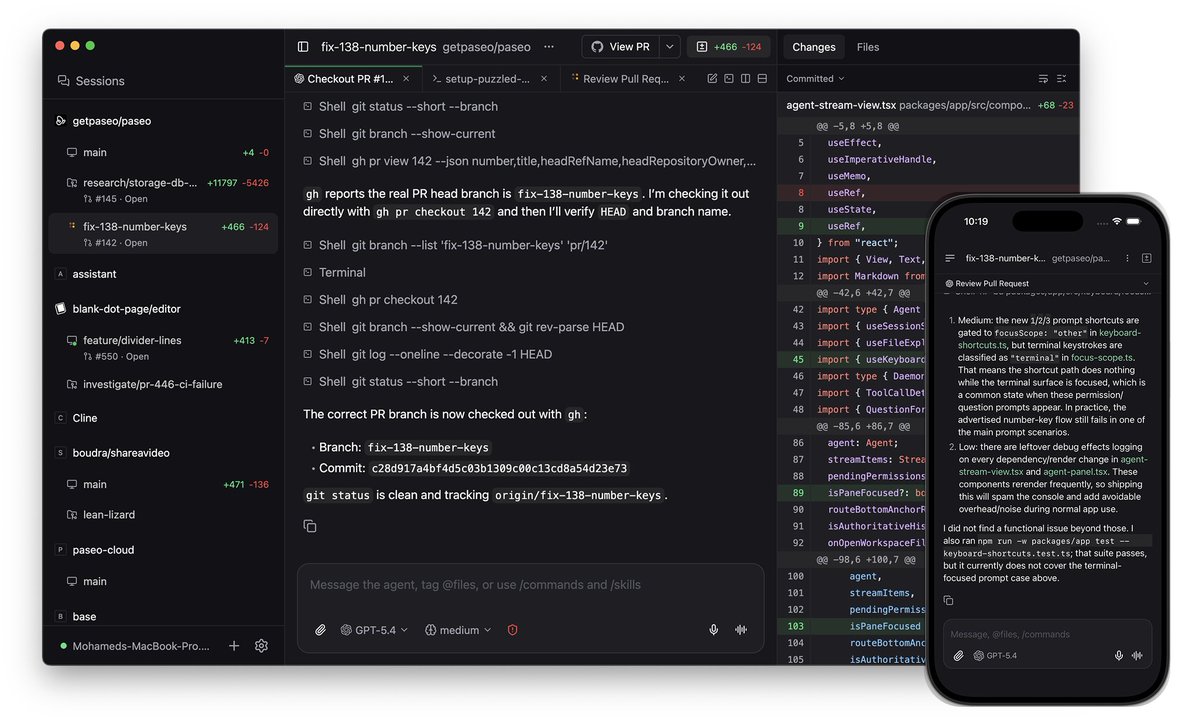 9hills's tweet image. 推荐新的 Agent iOS 远程控制的app - Paseo。

亮点：
1. 有 Desktop、Mobile、Web、CLI 多端
2. 可以通过 Relay 注册多台设备
3. 全部组件开源，允许在 Cloudflare 上自建 Relay Server
4. 允许远程控制 Terminal

替代了一直在用的 Happy Coder。
