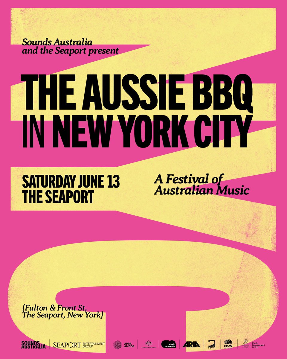 SoundsAustralia's tweet photo. The biggest celebration of Australian music in New York returns this June in an exciting new location.

Join us on Saturday 13 June in the Seaport, one of NYC’s most historic neighbourhoods, for THE AUSSIE BBQ.

Lineup announced next week. https://t.co/VlVHza2Io9