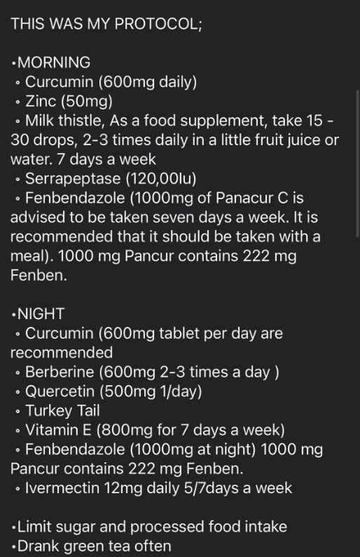 “My Cancer Story!
(Nurse Cindy) -
I was diagnosed with stage 4 pancreatic cancer in August 2023, and without treatment, I had 3-6 months to sort out my affairs. I began my fenbendazole Protocol  immediately. I nearly quit up since my quality of life had deteriorated dramatically.