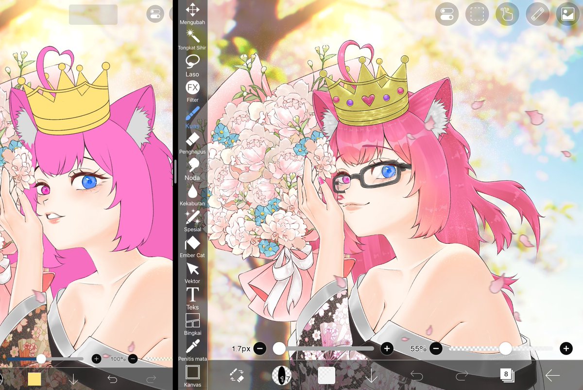 Spring YCH — Done ✨

Before vs After render ✨

Also, go check out my bestie, she’s an amazing VTuber!  (<a href="/Candyred808/">Candyred808TTV</a>)

#YCH #Vtuber
