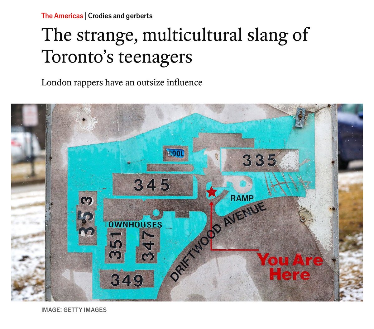 DrewPavlou's tweet image. Absolutely terrifying article in The Economist this week about the new multicultural creole dialect emerging in Toronto called “Toronto Mans”

“Much of Toronto Mans is borrowed from the languages of immigrants: from Jamaican patois comes “ah lie” (meaning “right?”) and “two-twos”