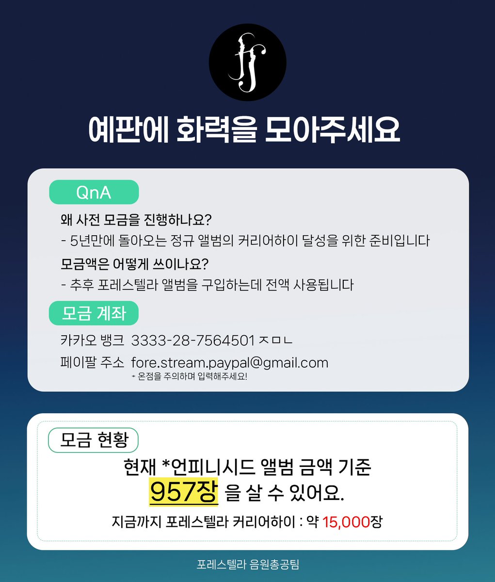 앨범 팩샷에 설레는 지금!🥹 커리어하이를 위한 화력이 얼마나 모였을까요?

매우 안타깝게도 이전 앨범 기준 1,000장이 안되는 화력입니다😭

현재 진행중인 기부앨범 모금은

- 많이 사기는 어렵지만 조금이라도 도움이 되고 싶은 숲별들에게 좋은 방법입니다.
금액이 정해져있지 않기 때문에