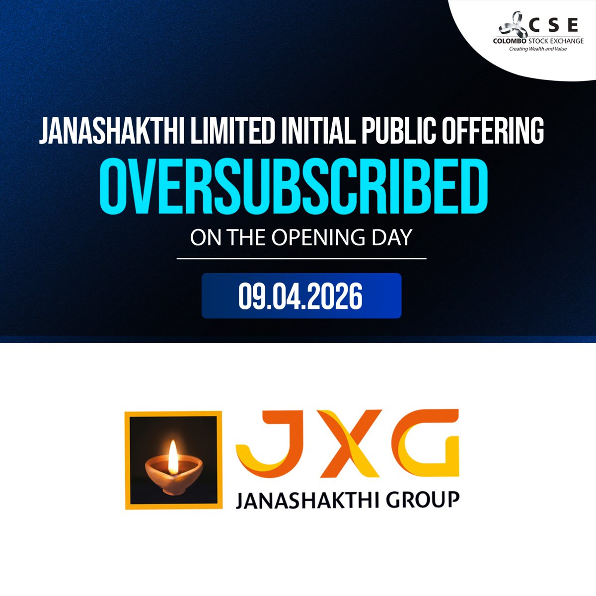 CSE_Media's tweet image. Janashakthi Limited IPO, priced at LKR10.00 per share was oversubscribed on its opening day, highlighting robust investor interest and confidence in the company’s future.

#Oversubscribed #IPO #CSE #investorconfidence