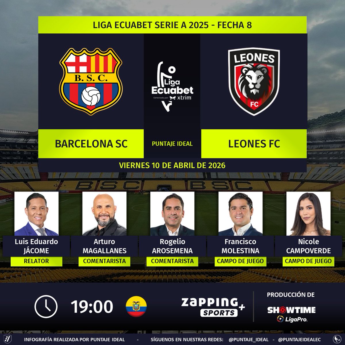 PuntajeIdealEC's tweet photo. ⚽ #LigaEcuabet 🇪🇨 | #BarcelonaSC vs. #LeonesFC  
🎙 Relator: @LuisEduJacome
🎙 Comentaristas: @Arturo_M13 - @Rarosemena11
⛳️ Campo de juego: @fmolestinae - @NicoCampoverde_
💻📱 #ZappingSports + 🇪🇨 (Canal 16)
🤳 #AquíEstáElFútbol
Dale RT 🔃 https://t.co/iAdSLjFjXg