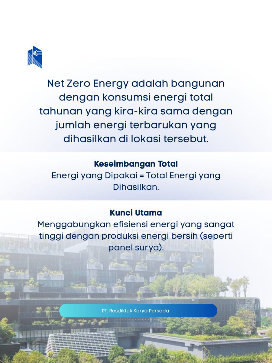 resdiktek_karya's tweet image. Konsep Net Zero Energy Building atau NZEB menekankan pada bangunan yang menghasilkan energi terbarukan dalam jumlah yang sama dengan total konsumsi tahunannya. 

Melalui efisiensi energi yang optimal dan pemanfaatan sumber daya lokal.

#resdiktekkaryapersada #NZEB #GreenBuilding