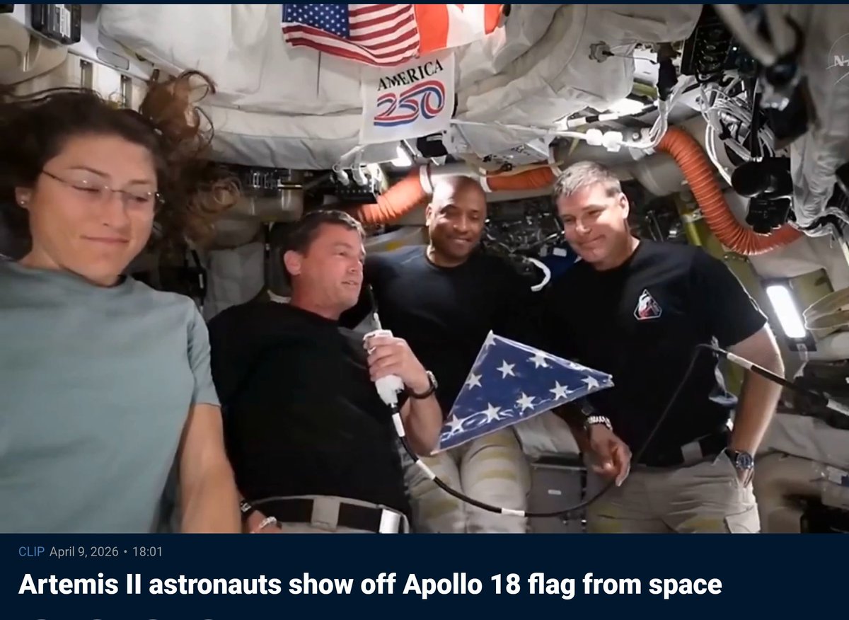 irsecfink's tweet photo. Growing up in H-Town, NASA wasn't just a place to visit—it was a dream. Spending some of my weekends touring the Space Center, I was inspired and wanted to become an astronaut and wear one of those suits.

 Seeing the Artemis II crew holding that Apollo 18 flag (to make "it's rightful trip around the moon!) and the America 250 sign, makes me incredibly proud. Honestly, I’m not ashamed to admit I had a 💧 in my eye during the launch.

 I’ve been glued to the mission tracking and every photo they’ve sent back. One of the coolest moments so far was their space call with the ISS! 🚀 Does anyone know if that connection was powered by Starlink? Inquiring minds want to know! 🛰️

​#Artemis #NASA #SpaceCity #HoustonProud #ArtemisII #ISS