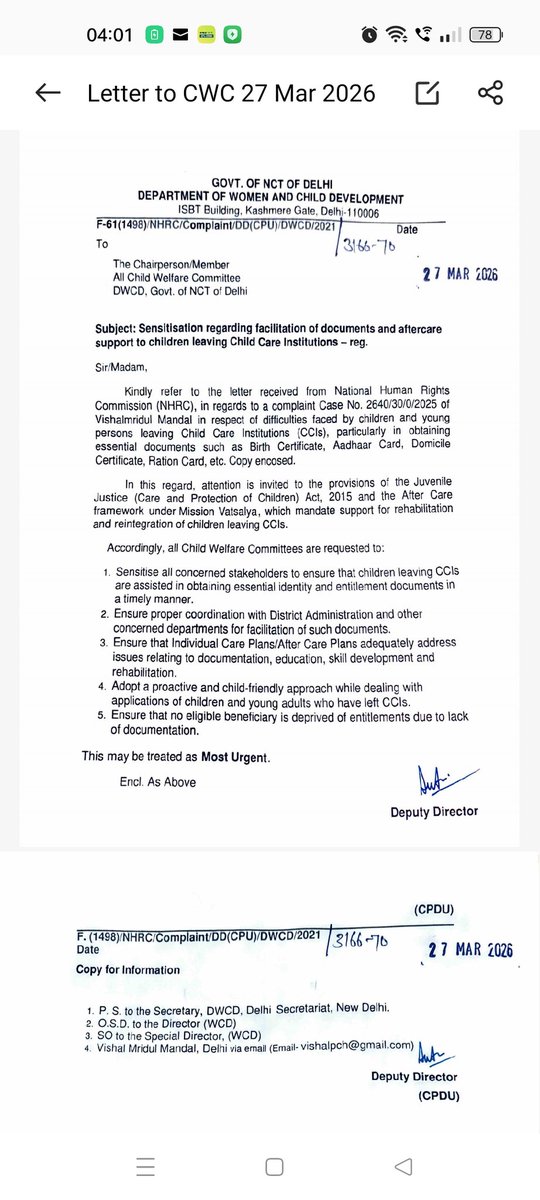 vishalmridul's tweet photo. Big win for care leavers in Delhi.

NHRC summoned Chief Secretary over missing report on document struggles of children leaving orphanages.

Now Delhi WCD launches ₹3.5 Cr Aftercare Scheme:

✅ Stipend
✅ Education
✅ Skill training
✅ Health

Thank you @India_NHRC&amp; @DWCDDelhi https://t.co/kMtIZ2CBoM