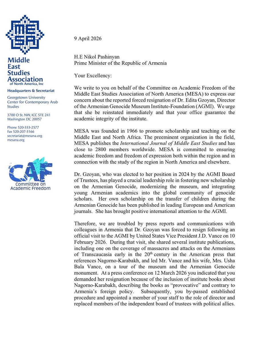 simonforco's tweet photo. A strong @MESA_1966 letter on 🇦🇲’s firing of the Armenian Genocide Museum director: “We understand that Armenia is in a difficult and complex situation…. The erasure of historical memory, however, cannot be made contingent on short-term political needs.” https://t.co/qVcMYOx5Hc https://t.co/2RpHIv3QWe