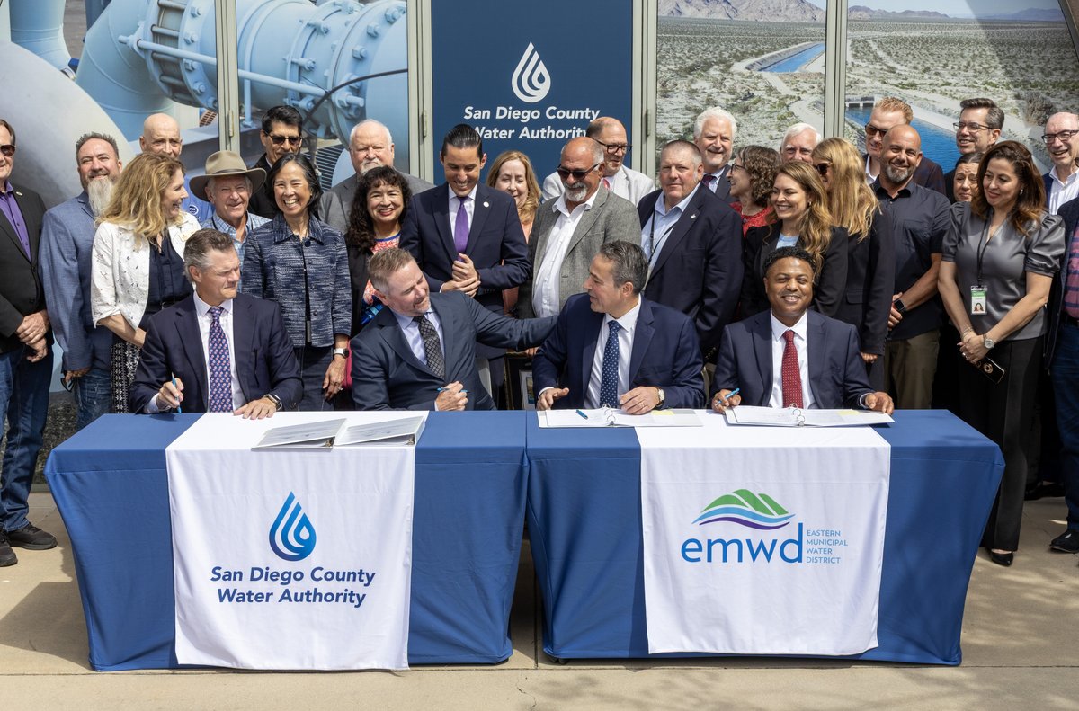 sdcwa's tweet photo. San Diego County Water Authority and Eastern Municipal Water District came together to mark a new long-term water supply agreement—another step forward in strengthening reliability and helping keep water affordable for the communities we serve. ➡️ https://t.co/vRiyOg6pcQ https://t.co/HcoR6FRowT