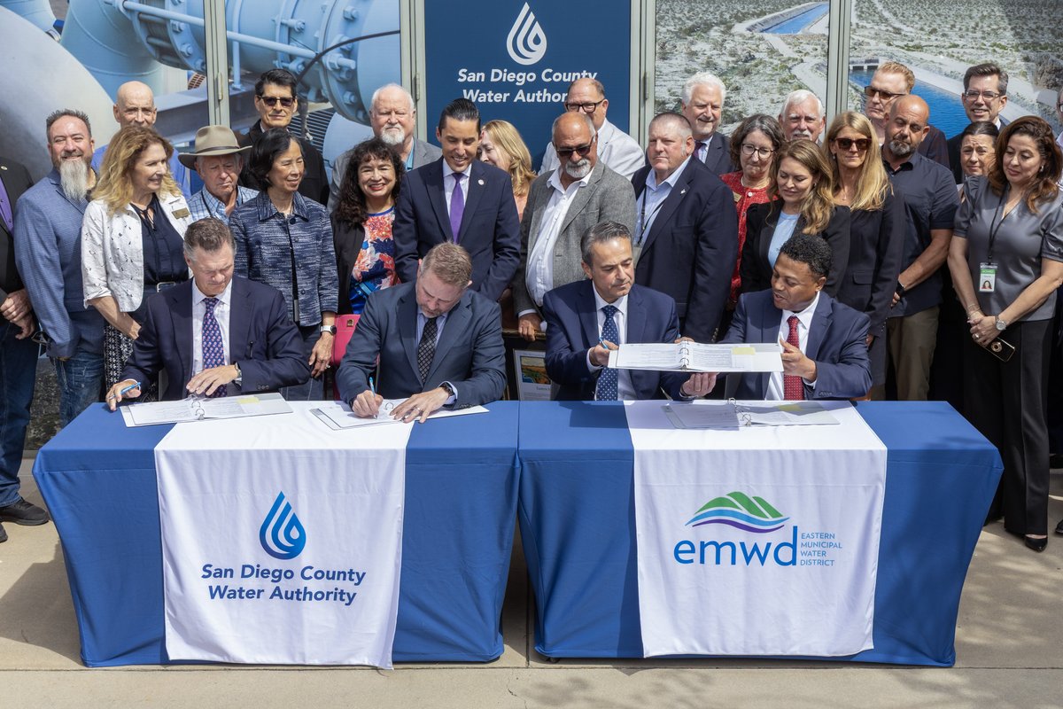 sdcwa's tweet photo. San Diego County Water Authority and Eastern Municipal Water District came together to mark a new long-term water supply agreement—another step forward in strengthening reliability and helping keep water affordable for the communities we serve. ➡️ https://t.co/vRiyOg6pcQ https://t.co/HcoR6FRowT