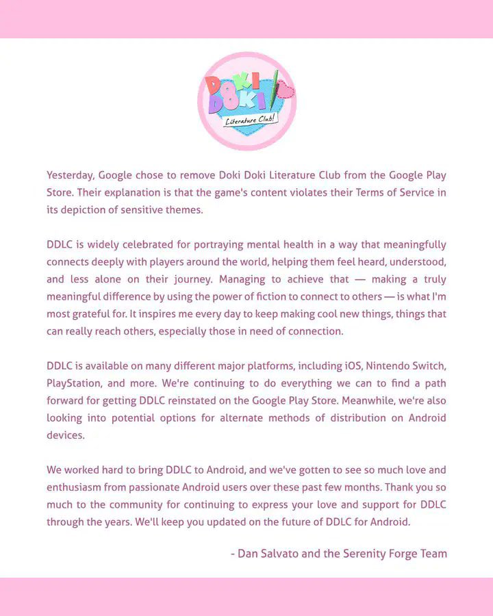 GyaruGlow's tweet photo. 🚨 Breaking censorship news

Google removed Doki Doki Literature Club from the Play Store over “sensitive themes.”

Serenity Forge’s made a response

This is NOT okay, the game should not be censored. https://t.co/AMR1fLJ9Xx