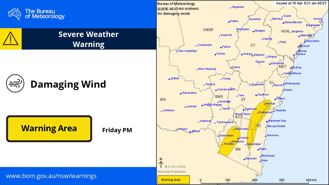 BOM_NSW's tweet image. ⚠️Severe Weather Warning for #NSW: Damaging Winds for parts of Illawarra, South Coast, Southern Tablelands and Snowy Mountains.
Northwesterly winds with peak gusts of 100km/h are possible about the southern ranges and Alpine area, easing later in the day.
bom.gov.au/warning/severe…