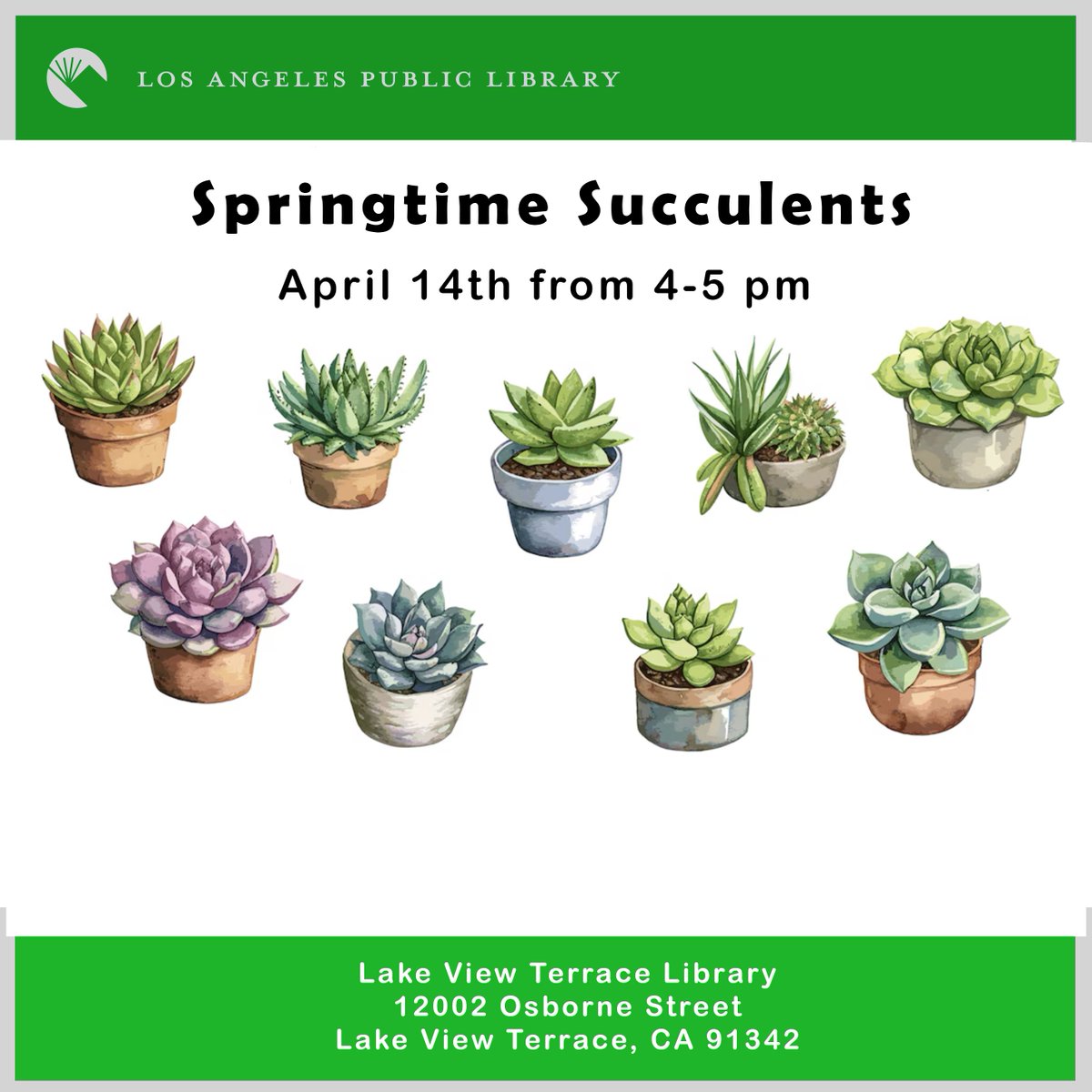 LVTLAPL's tweet photo. Springtime Succulents
April 14 at 4

These little gems are perfect to add a pop of color to your home! Join LAPL and create your own colorful mini-planter. All materials will be provided. This fun, DIY craft is recommended for all ages.

#lapl #publiclibrary #lakeviewterrace https://t.co/oZD0na1rj7