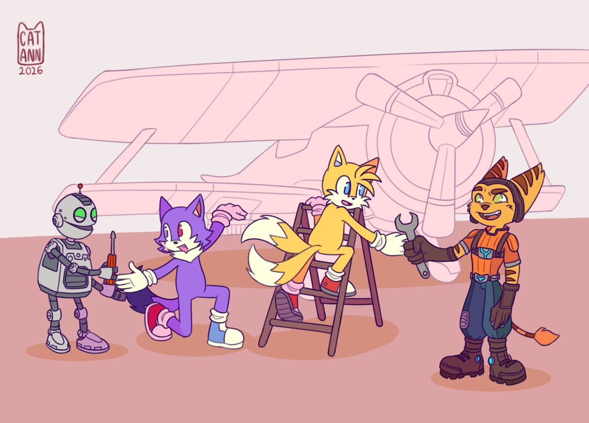 Odd_the_Wolf's tweet image. Ratchet and Clank are helping Tails and Odd repairing Tornado. 

The artist is @cattann7_. Thank you! They look adorable!

#Tails #fox #Odd #wolf #Ratchet #Clank