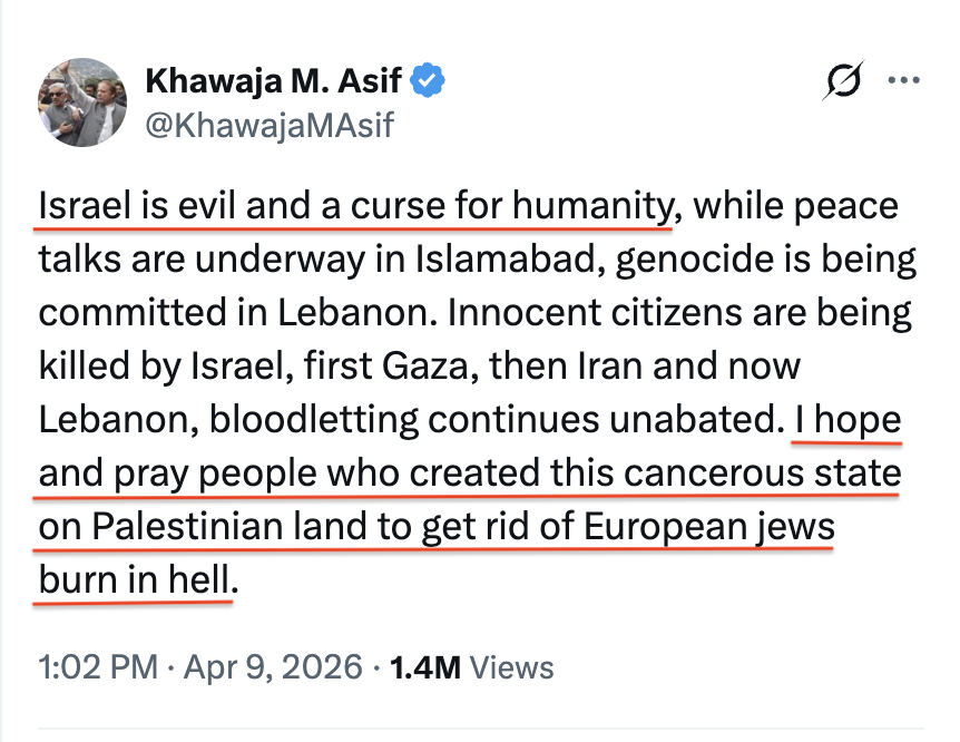 .<a href="/antonioguterres/">António Guterres</a> <a href="/volker_turk/">Volker Türk</a> Why aren't you condemning Pakistan's defense minister for inciting eliminationist antisemitism, describing Israel as a cosmic enemy—as “evil,” a “curse,” and a “cancerous state”— while praying that the Jews who built Israel “burn in hell”?