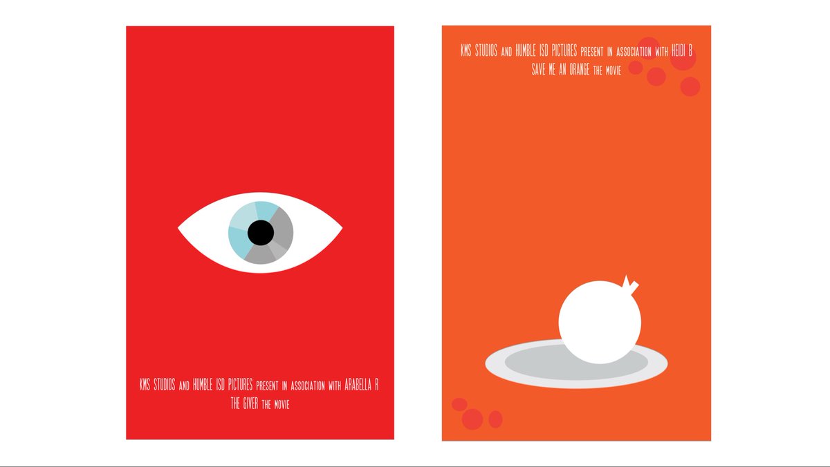 cscott338's tweet photo. RELA and Graphic Design! Students were tasked with designing a movie poster for a book or short story read in school. The twist? It had to be in the minimalist style! Can you spot Save Me An Orange, Time Bomb, The Masque of the Red Death, and The Giver? #KMSCougarPride https://t.co/XpFai1MBnO