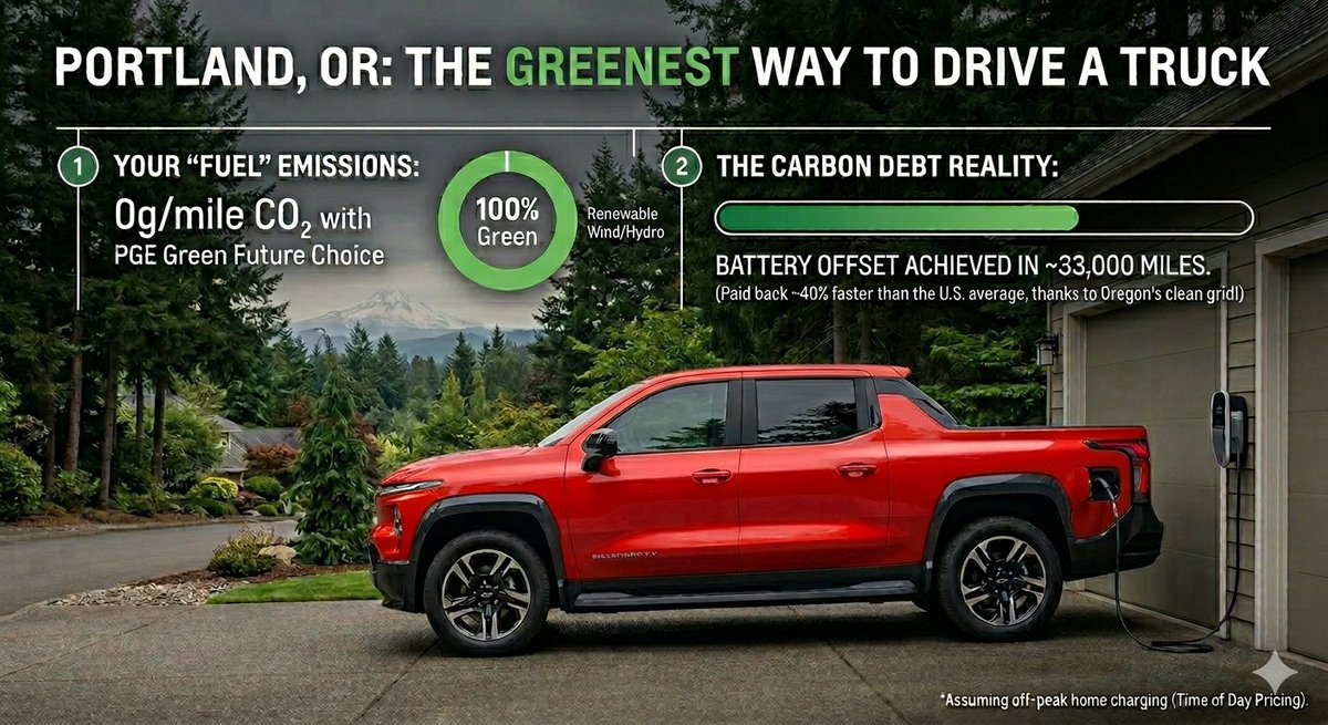 Driving my Silverado EV in Portland on PGE’s Green Future Choice + Time of Day pricing is the ultimate green hack. By charging overnight on 100% renewables, operational emissions are ZERO. 🌎 🔋

​The PNW grid is so clean I’ll offset the battery manufacturing debt in ~33k miles