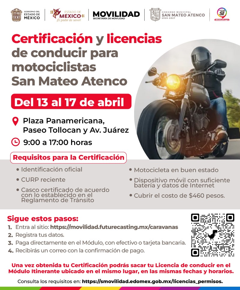 SanMateoAGob's tweet image. #RuedaSeguro | #Atención motociclistas 🛵🚦
En #SanMateoAtenco podrás certificarte y tramitar tu licencia de conducir de manera sencilla y confiable.
Consulta más detalles, aquí. 👇🏽
Por una movilidad segura y ordenada #UnidosSí, #UnidosSiempre.