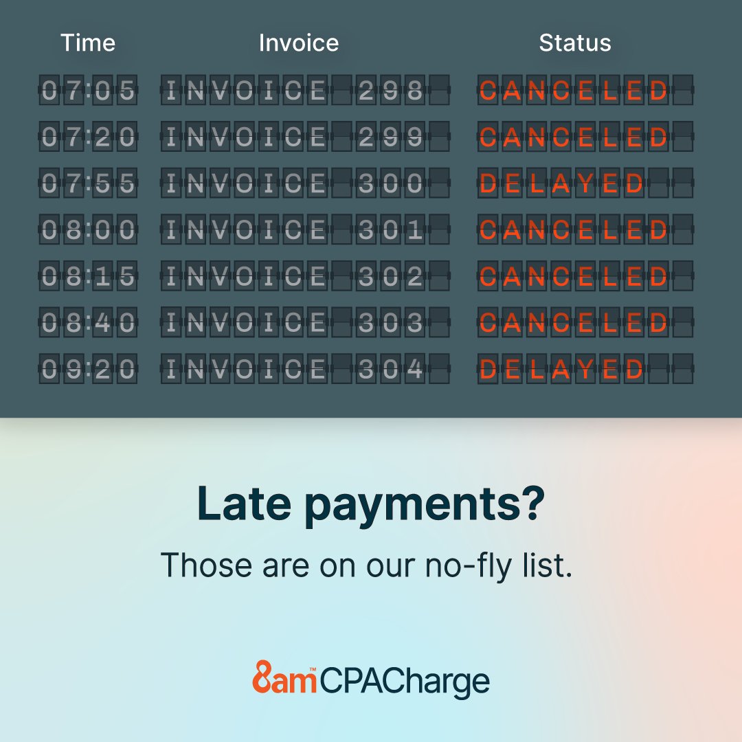 CPACharge's tweet photo. Late payments? Yeah…those shouldn’t be something you have to worry about.

There’s a better way to keep the process moving. 

We prefer that route. 👀 https://t.co/JDrd40U6dy