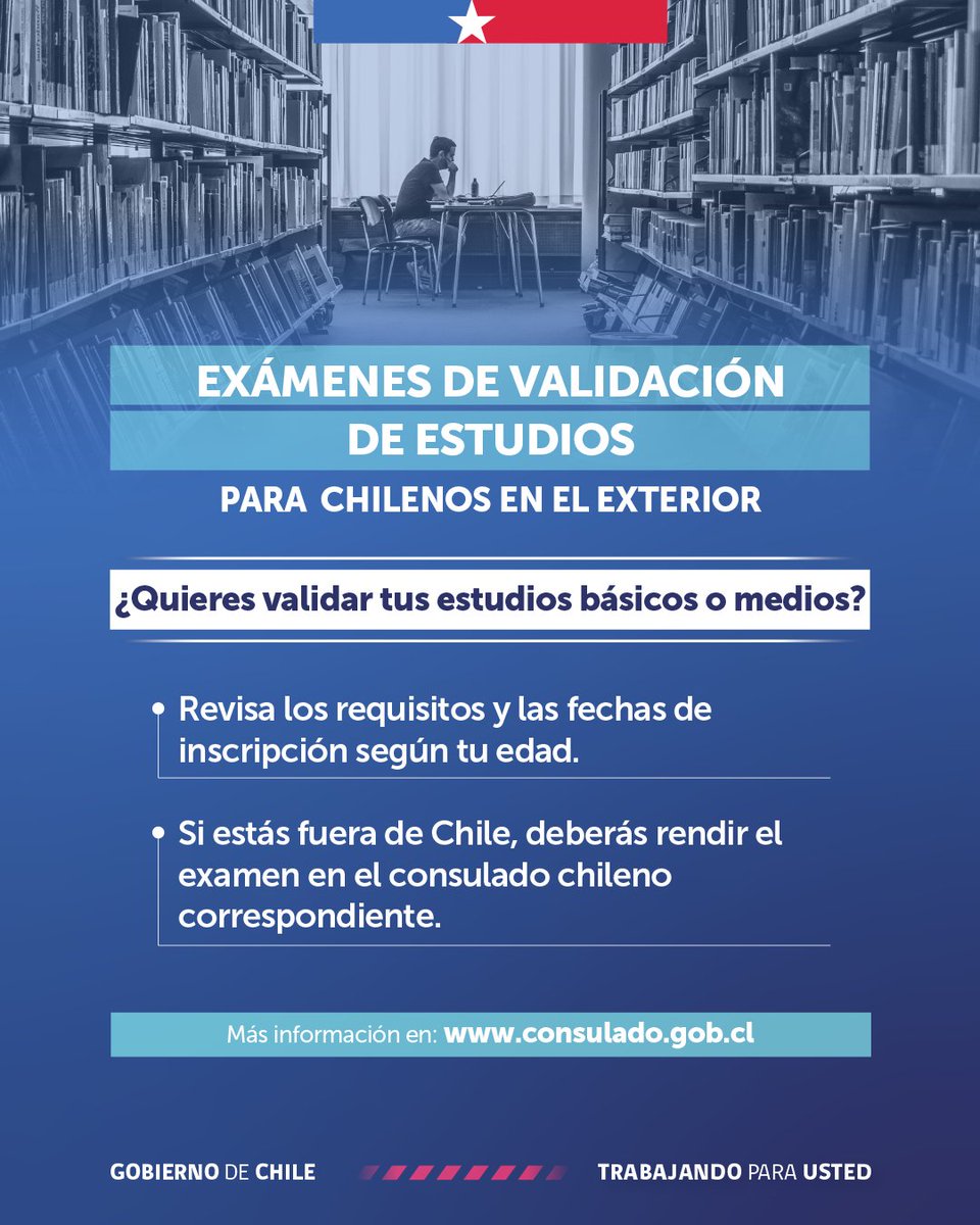 ¿Eres chileno(a) residente en otro país y quieres validar tus estudios básicos y/o medios hechos en el exterior?

Revisa todos los requisitos y plazos de inscripción de este año 2026.

Más info 👉 bit.ly/3PX3TIN