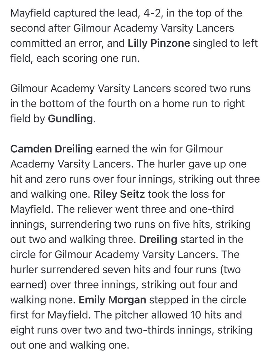 GilmourSoftball's tweet photo. Win v Mayfield 10-4. Golden Game Balls Lilly Dinehart 3H, R; Hailey Gray 2H, HR, 2BB, 3RBI, R; Ava Gundling 2H, HR, BB, 2R, 3RBI. #GoGA #MakeThingsHappen @nhpreps @jkampf_NH @ohiovarsity @ccscaohio @yappisoftball @Isley23 @JacobHansen_12 @cam_palmer55 @galancerad @clevelanddotcom https://t.co/GTJ6aSWzMC