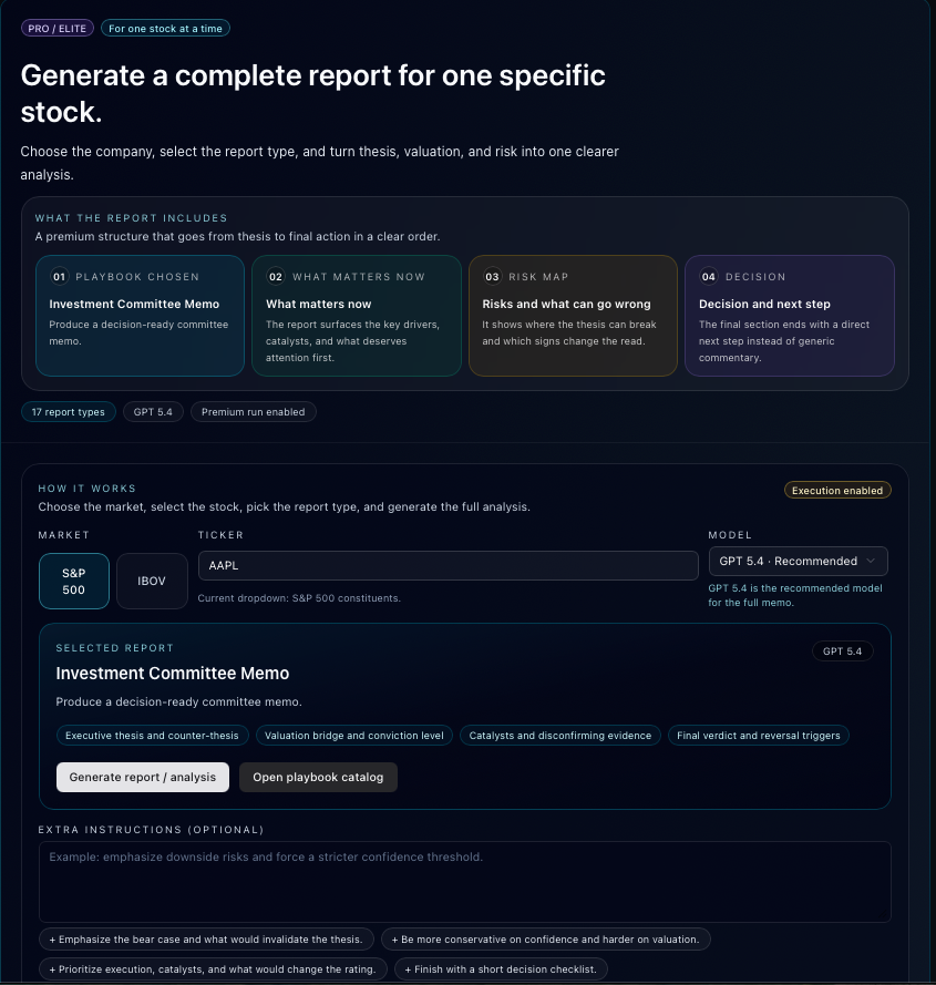 MatheusLara1095's tweet photo. Stock Analysis
I also built a Stock Analysis workspace for single-stock deep dives.
Instead of just ranking ideas, it lets you generate a full report for one ticker with valuation, risks, target paths, and the main bull vs. bear arguments. https://t.co/50r1UFdnef