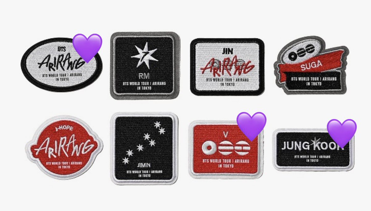 3inyoo's tweet photo. BTS ARIRANG バンタン 交換 ワッペン ステッカー Wappen Sticker

譲　RM ナムジュン　SUGA ユンギ

求💜　BTS   V テテ　JUNG KOOK グク　

4/18東京ドーム手渡し
交換可能な方おられましたらお気軽にお声かけください😌 https://t.co/wiJcwM8Ovu