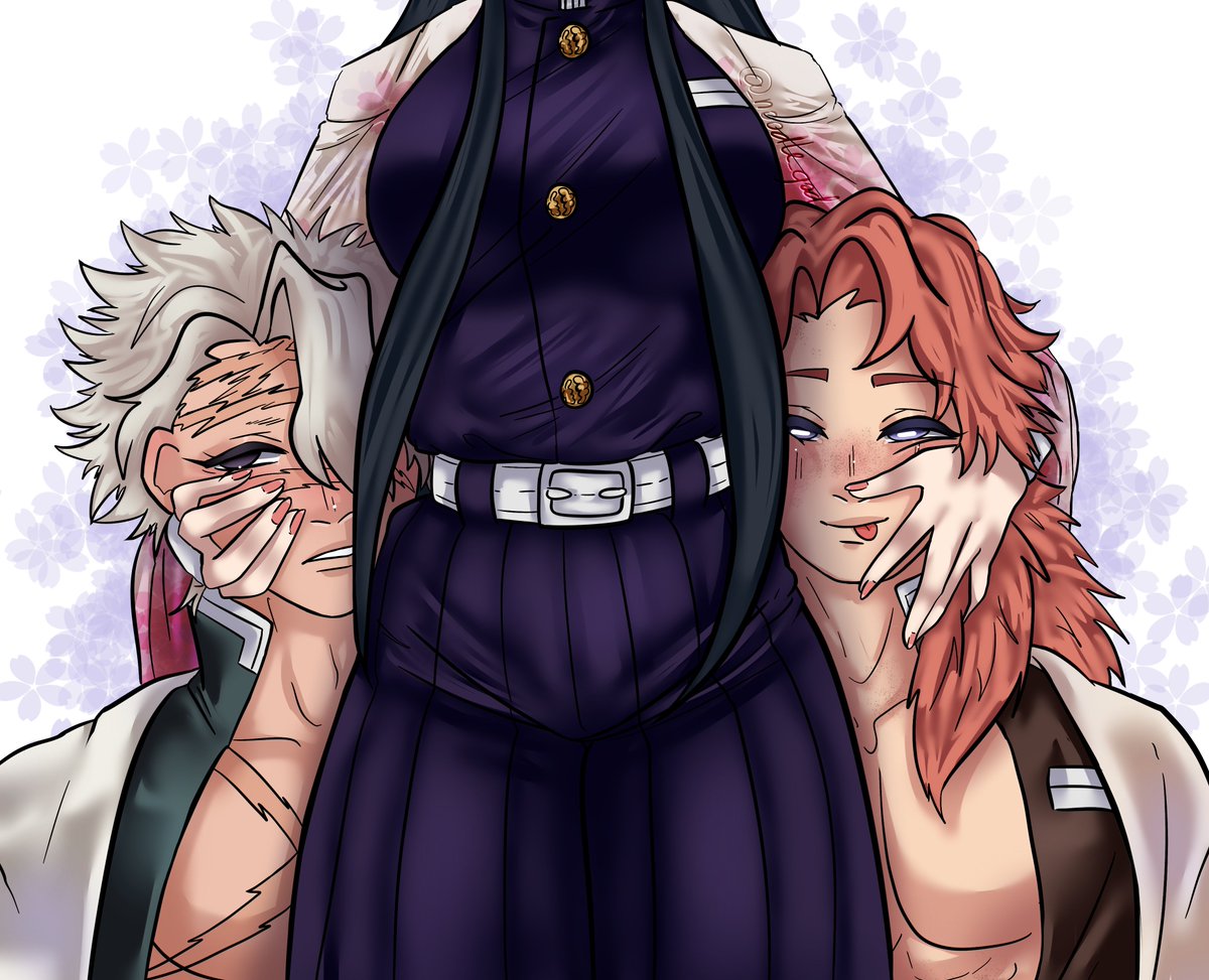 _noodle_god's tweet image. Nothing helps two fierce hashira like a good snuggle..it always helps them recover! 
(21)🍃🌸🐰
#鬼滅の刃 #kny #kanaekocho #sanemishinazugawa #sabito #sanekana #sabikana #sabisanekana(?)