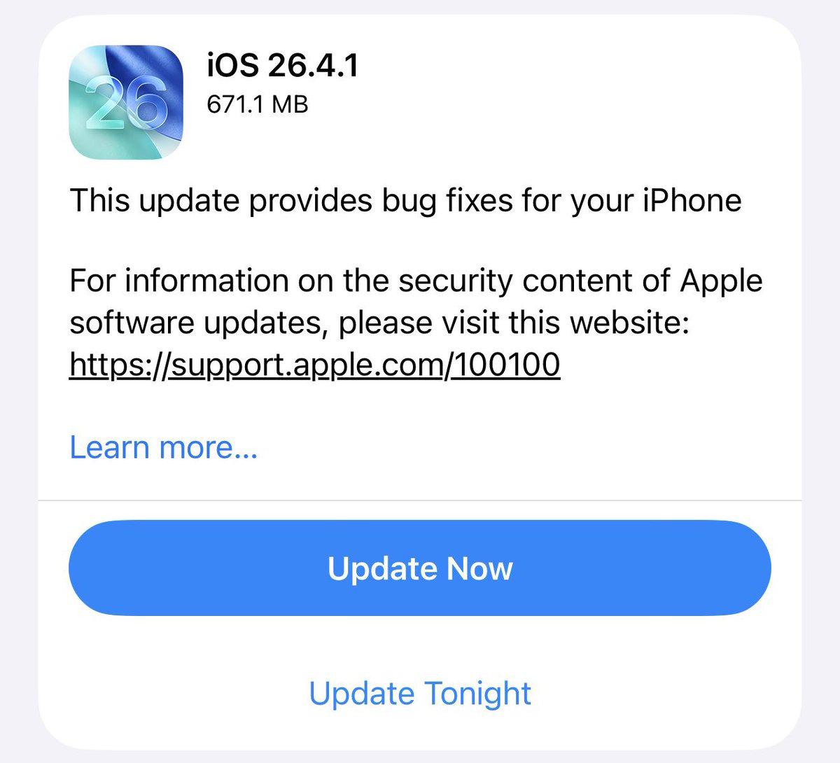 OrbitechO1's tweet photo. Apple has released the iOS 26.4.1 🚨

#Apple #iOS26 https://t.co/LSwtHataaA