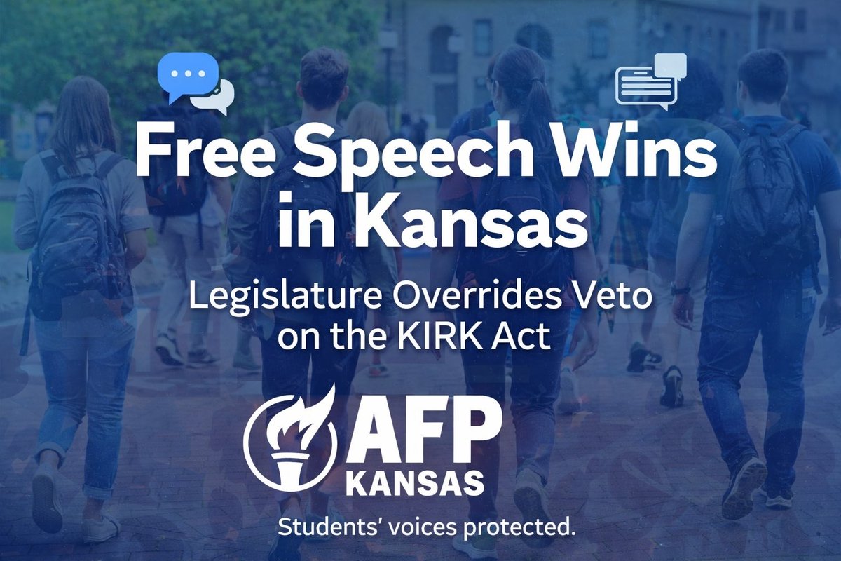 AFPKansas's tweet photo. VETO OVERRIDDEN ✅
The KIRK Act is now law.

Free speech wins in Kansas. https://t.co/yYu6G7Gn5v