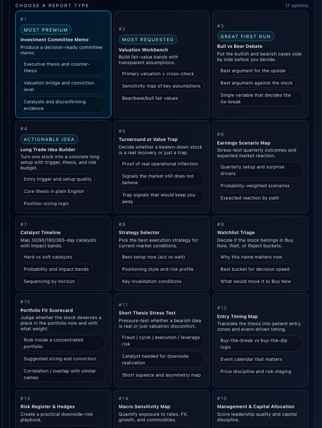 MatheusLara1095's tweet photo. Stock Analysis
I also built a Stock Analysis workspace for single-stock deep dives.
Instead of just ranking ideas, it lets you generate a full report for one ticker with valuation, risks, target paths, and the main bull vs. bear arguments. https://t.co/50r1UFdnef