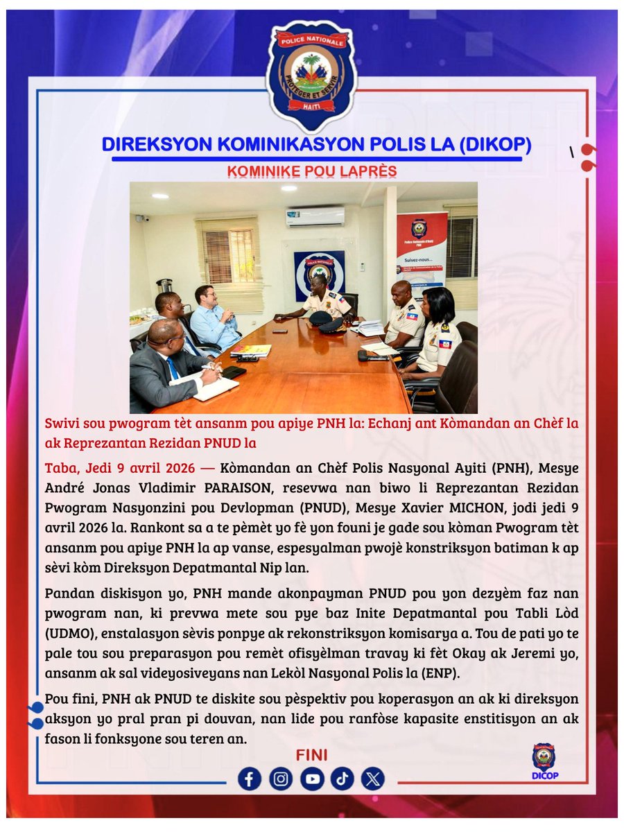 pnh_officiel's tweet image. #PNH ak #PNUD ap ranfòse koperasyon yo. Kòmandandan an Chèf André Jonas Vladimir Paraison rankontre ak Reprezantan Rezidan Xavier Michon pou yo evalye pwogram tèt ansanm lan, prepare nouvo pwojè epi rann kapasite enstitisyonèl ak operasyonèl yo pi solid.