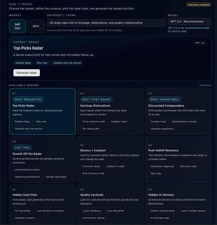 MatheusLara1095's tweet photo. Opportunity Radar
Opportunity Radar is the market-wide discovery layer.
Instead of checking one ticker at a time, it surfaces the stocks with the strongest upside, best consensus, and highest-ranking signals across the full market. https://t.co/yOMRv88WEG
