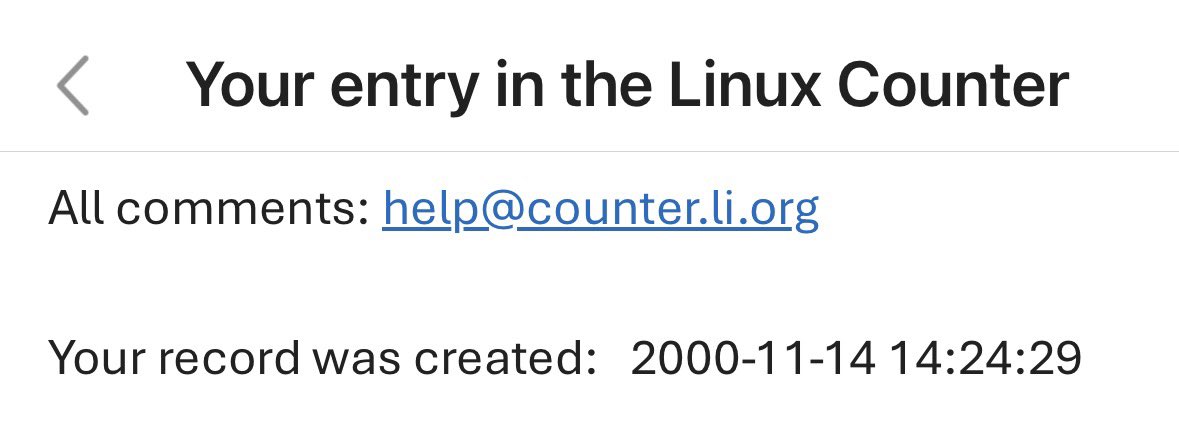 ocomar's tweet photo. #OldGeeks
Did you know that back in the day, there was a website that estimated the number of people and machines running the Linux Operating System?

The Linux Counter stopped in 2017 with nearly 92 millions.

I proudly registered as Linux User #194919 on November 14, 2000. 😁 https://t.co/6UMeylvLPc