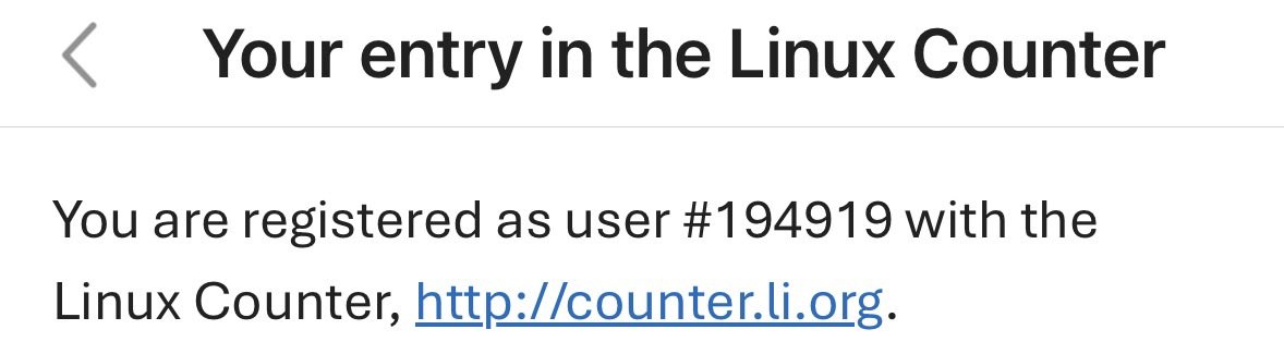 ocomar's tweet photo. #OldGeeks
Did you know that back in the day, there was a website that estimated the number of people and machines running the Linux Operating System?

The Linux Counter stopped in 2017 with nearly 92 millions.

I proudly registered as Linux User #194919 on November 14, 2000. 😁 https://t.co/6UMeylvLPc