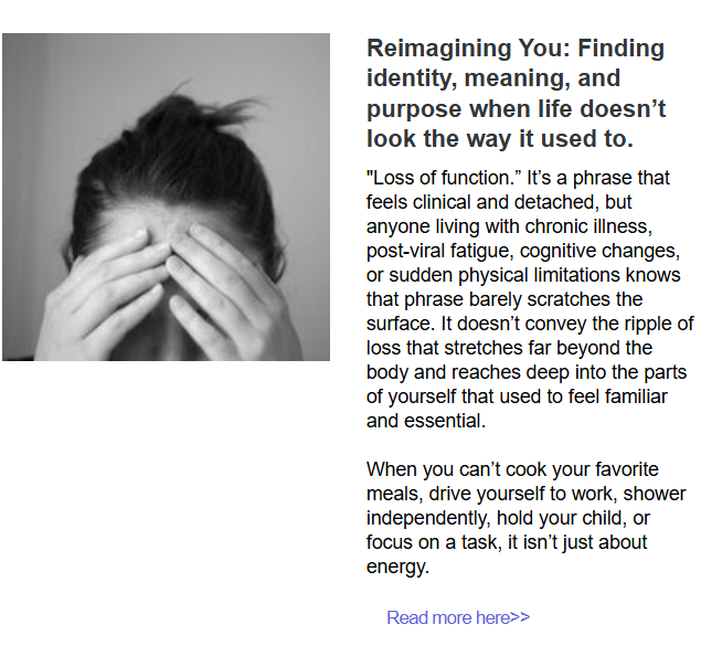 TomKindlon's tweet image. "Reimagining You: Finding identity, meaning, and purpose when life doesn’t look the way it used to."

onelifelivedwell.substack.com/p/reimagining-…

Image is from the AMMES April 2026 newsletter

#chronicillness #MEcfs