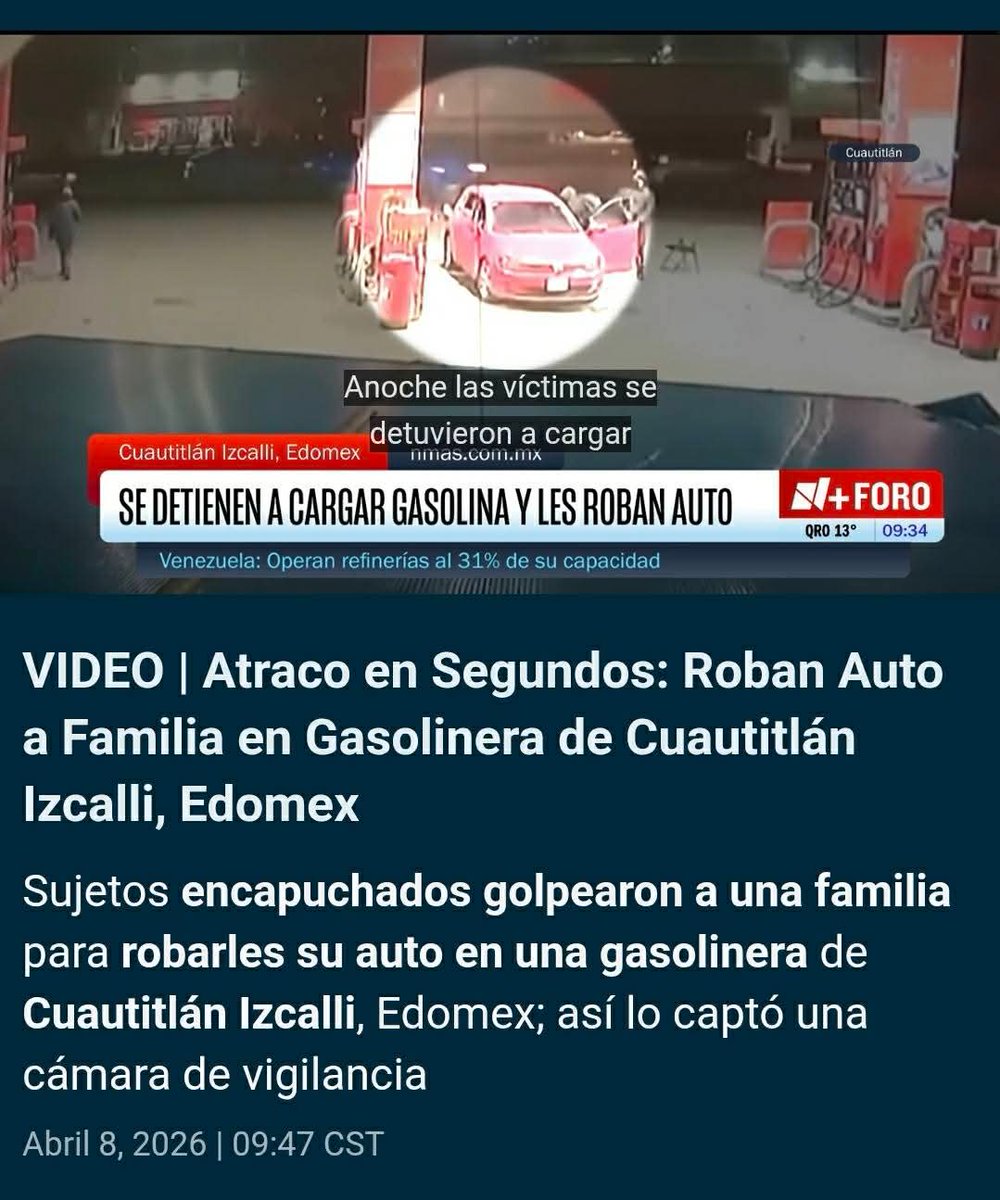 PuntoMedioEdo's tweet image. 📢🚨🤳 Sigue #imparable la #inseguridad en #Izcalli; roban auto en 20 segundo, cuando cargaban gasolina.

* Delincuentes operan con rapidez y con total impunidad en zona de Xhala; crece preocupación ciudadana por ola delictiva.

🤳🏻 Más información ⬇️
facebook.com/share/p/1Hykqa…