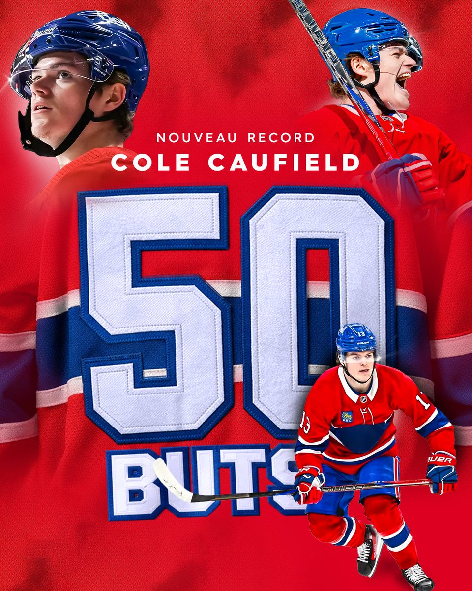 🚨IL L'A FAIT!!! 🚨
50 BUTS POUR COLE CAUFIELD!!! 

L'attente est terminée! Notre numéro 13 vient de marquer son 50e but de la saison ce soir! Le premier joueur des Canadiens à atteindre ce plateau mythique depuis Stéphane Richer en 1989-1990!
#GoHabsGo #ColeCaufield