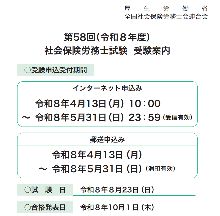 第58回（令和8年度）社会保険労務士試験について 今年度試験の詳細が