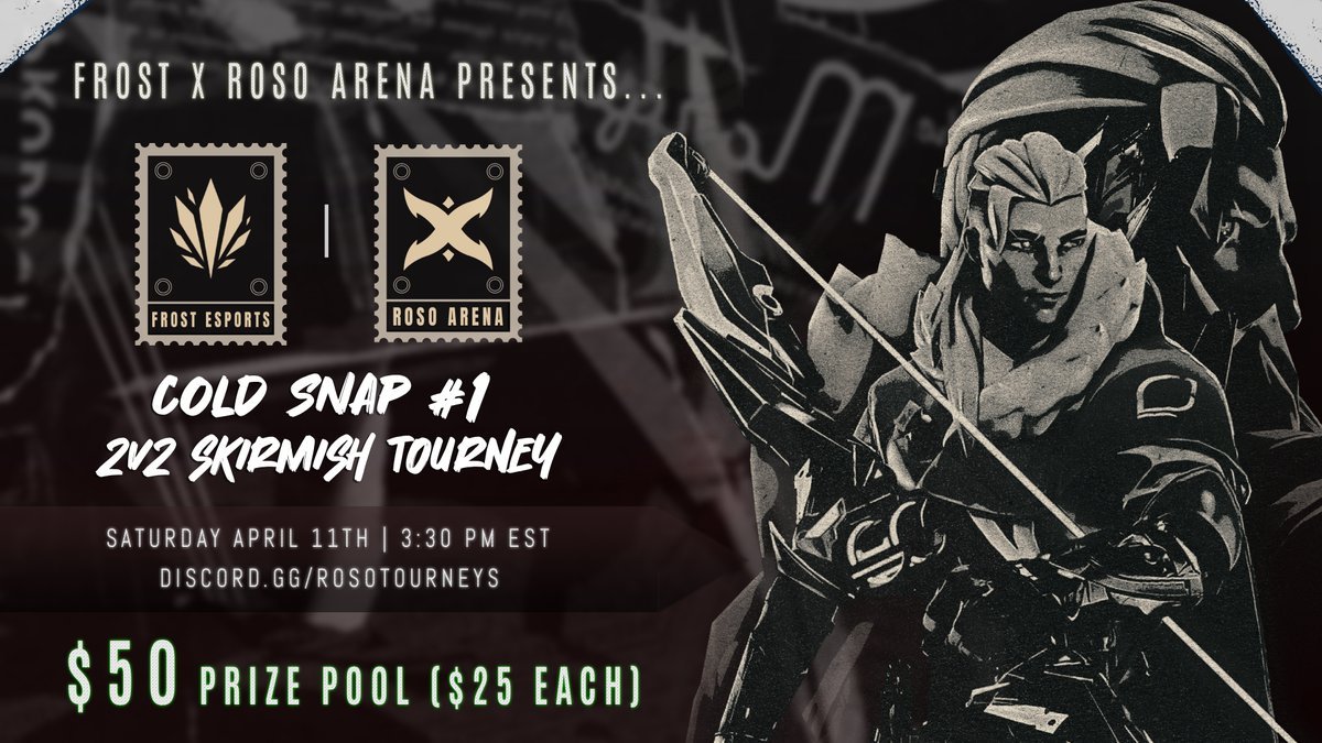 RosoideaeGG's tweet image. ✗ ONLY A COUPLE SPOTS REMAINING... ✗

Grab a duo and sign-up NOW for Cold Snap #1 - 2v2 Skirmish Valorant Tournament, presented by ROSO and @FrostEsports. 

✘ Saturday April 11th | 3:30 PM EST  
✘ Free Entry | $50 Prize Pool ($25 Each)  
✘ discord.gg/rosotourneys 

#ROSO