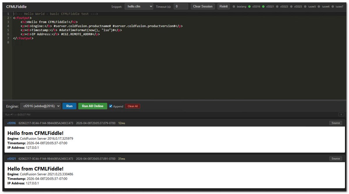 gamesover's tweet image. I was using #ColdFusion to determine if other CommandBox servers were online. (This is for my CFMLFiddle project.)

An API request to check 8 hosts using #cfml cfHttp() was taking ~12 seconds. Switching the process to use java․net․Socket․connect() reduced it down to 41-97 ms.