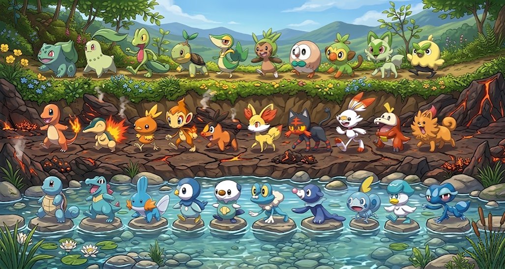VictorAriza69's tweet photo. Ever since the first trailer for Pokémon Winds and Waves, I started making this image of all the starters. What's your favorite? Mine's probably Browt. https://t.co/A2n5Mpp2zH