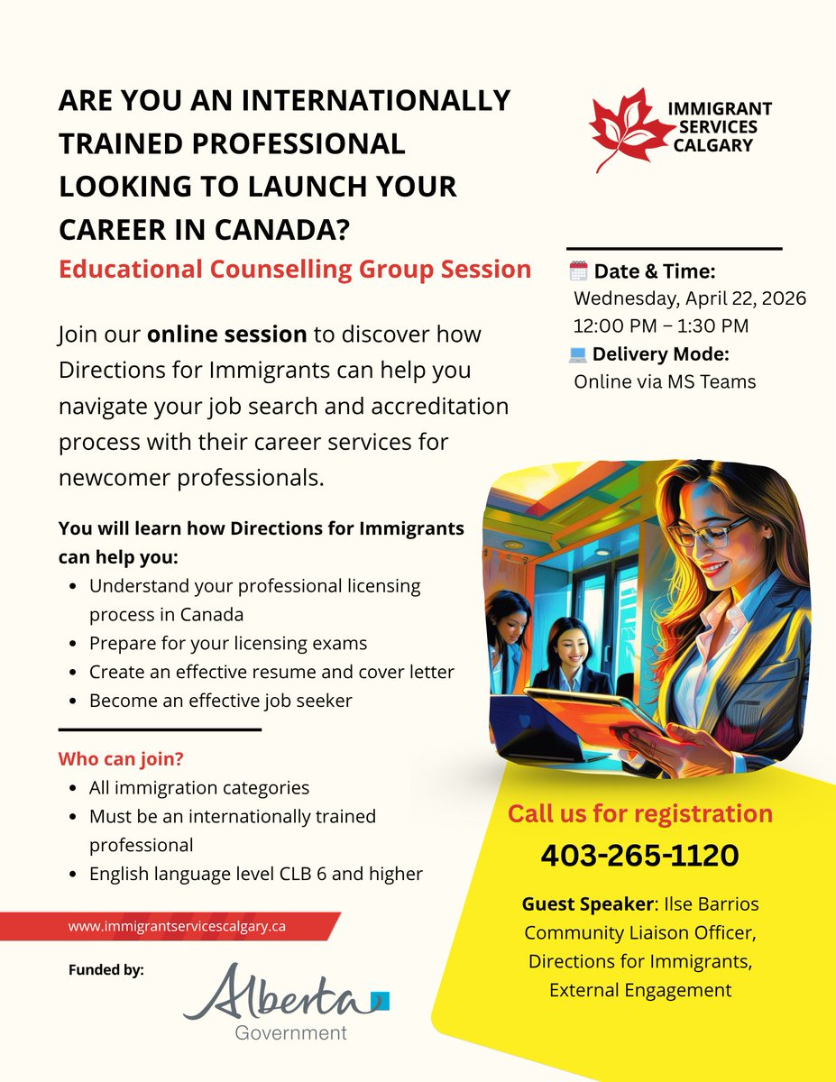 ISCyyc's tweet photo. 🌍 Internationally trained professional? Join our online session to learn how Directions for Immigrants can help with licensing, job search, and career success in Canada.
🗓️ Apr 22 | 12–1:30 PM
💻 Online
📞 403-265-1120 https://t.co/wRUA2C9kOS